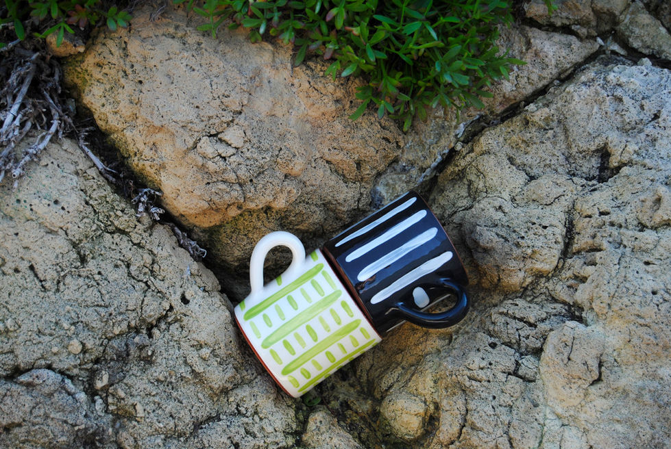 Two striped mugs, one green and white, the other black and white, rest on a rocky surface beside green foliage, creating a contrast of textures.