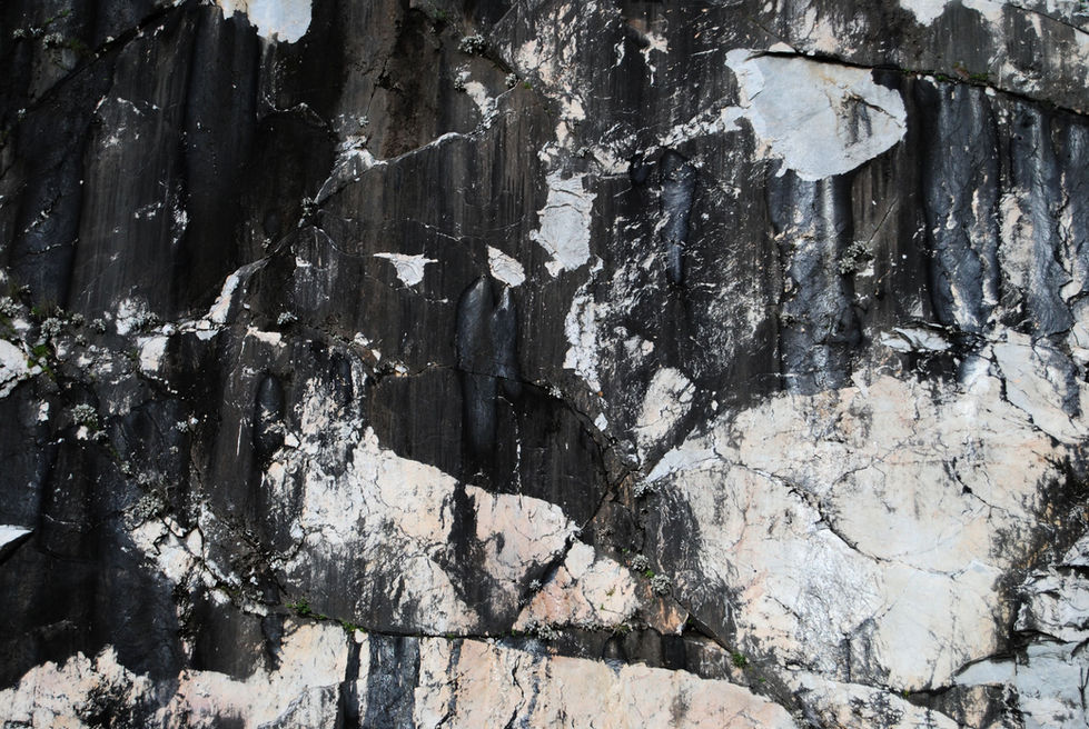 Rugged rock wall with dark, smooth vertical streaks and contrasting light patches. The texture is rough, conveying a sense of natural strength.