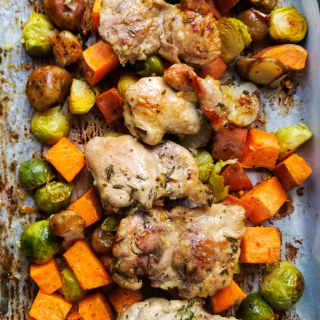 One Pan Honey Garlic Chicken with Sweet Potato and Veggies