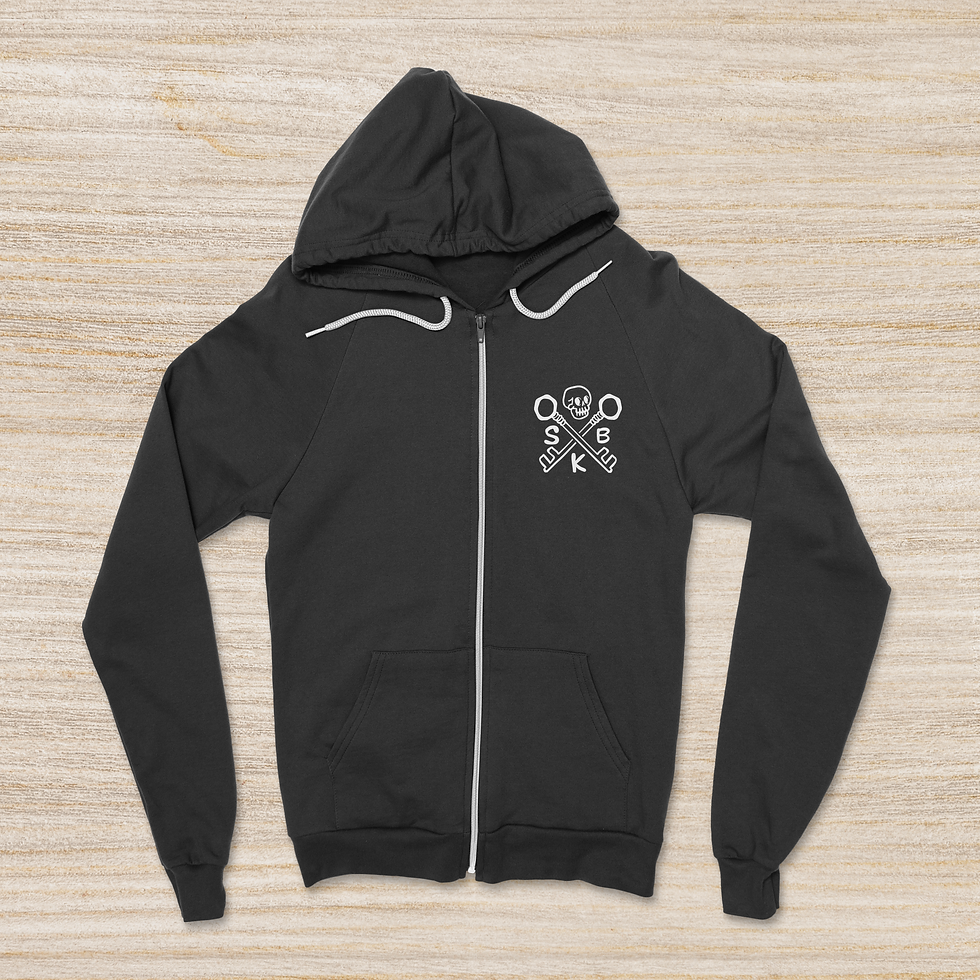 Thumbnail: Photo of a black hooded sweatshirt, with a Skeleton Key Logo featuring crossed keys and the letters "SKB" on the front in white