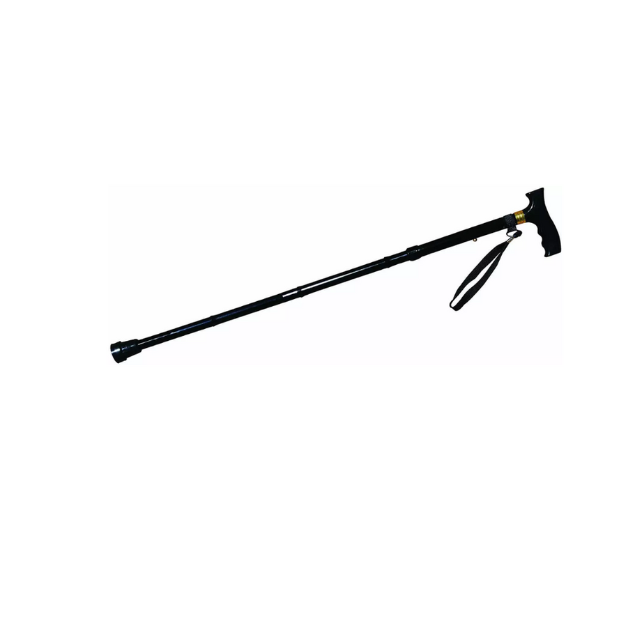 A model holding the walking stick while walking, demonstrating its lightweight and adjustable design, which provides support