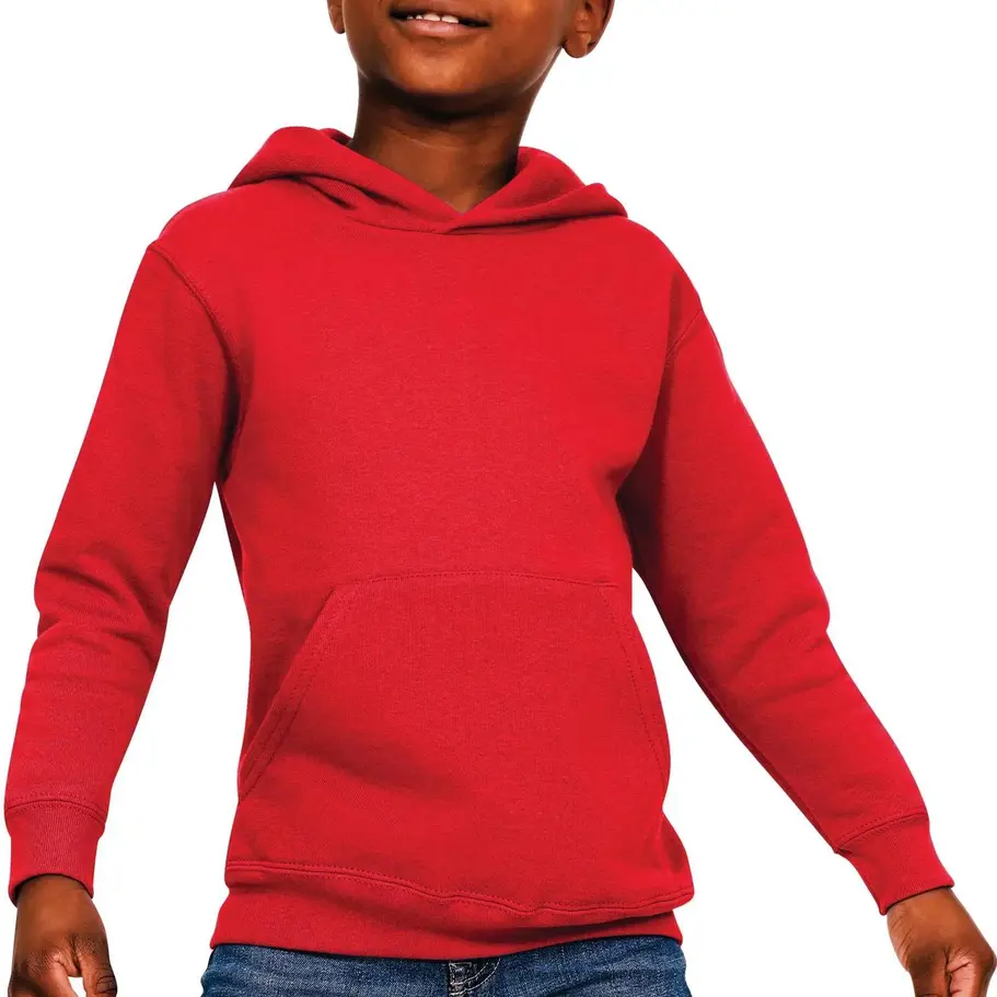 Model wearing a kids' hooded sweatshirt, ideal for casual wear or outdoor play.