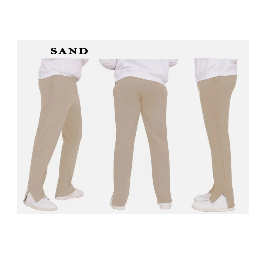 Model wearing open hem joggers, demonstrating their comfortable and flexible fit.