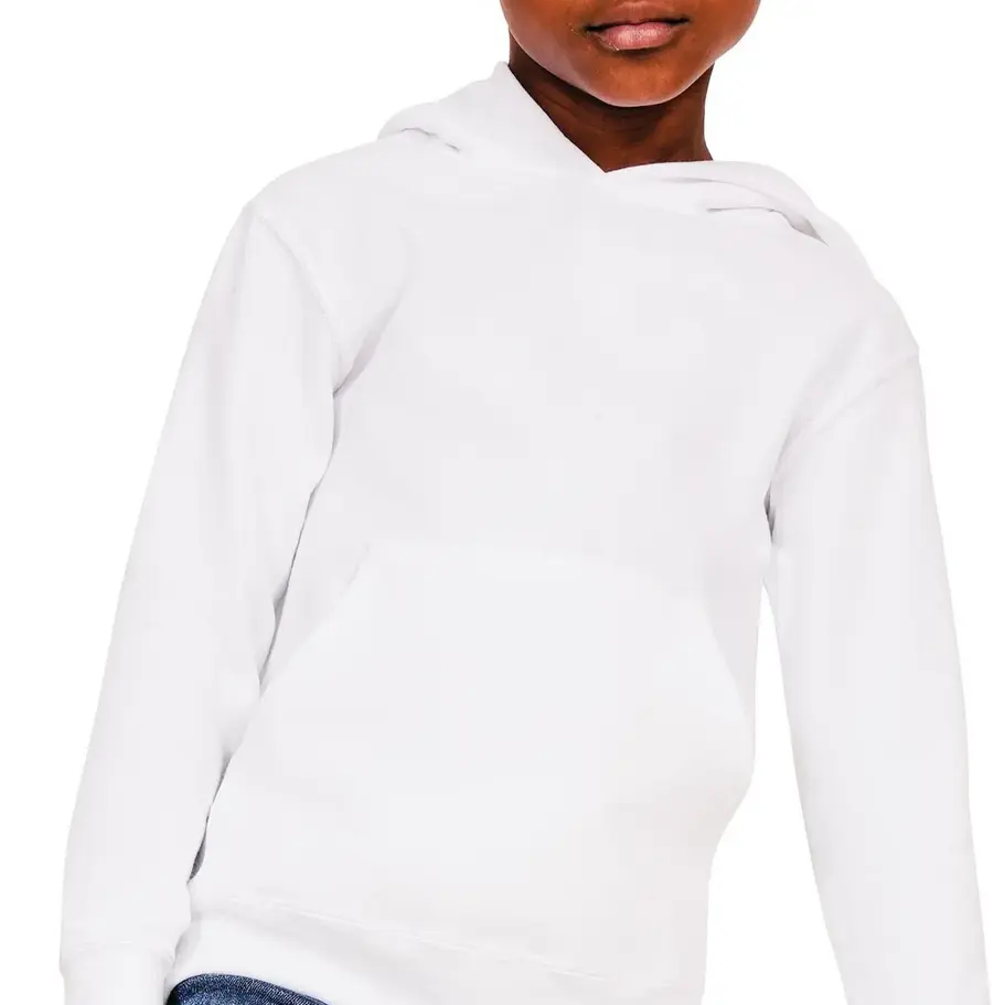 Folded kids' hooded pullover sweatshirt, easy to pack and store.