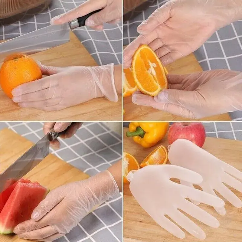 Close-up of a single disposable vinyl clear examination glove, highlighting its smooth, flexible texture and powder-free, lat