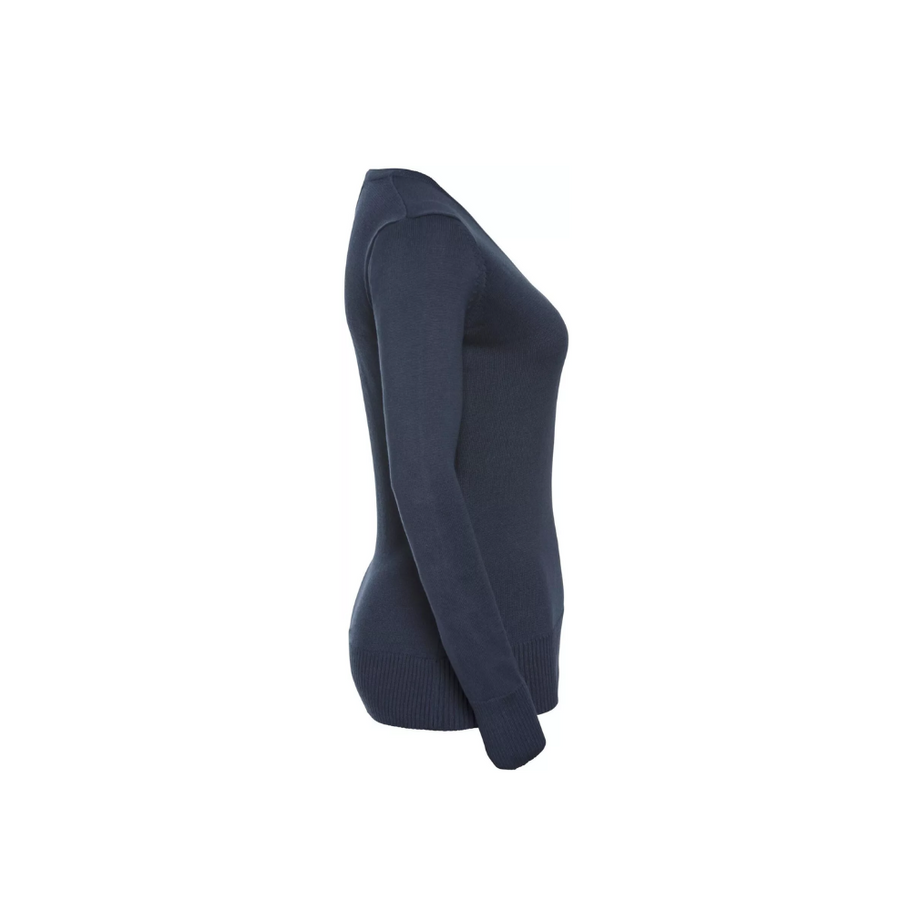 Close-up of the V-neckline on the new women's sweater pullover, showcasing its stylish, modern design and comfortable fit, pe