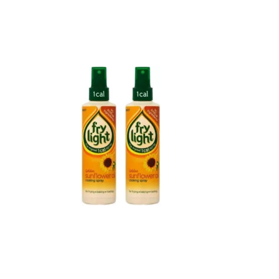 The Golden Sunflower Oil Frylight Cooking Spray cans placed side by side, emphasizing the 120ml size of each and their suitab