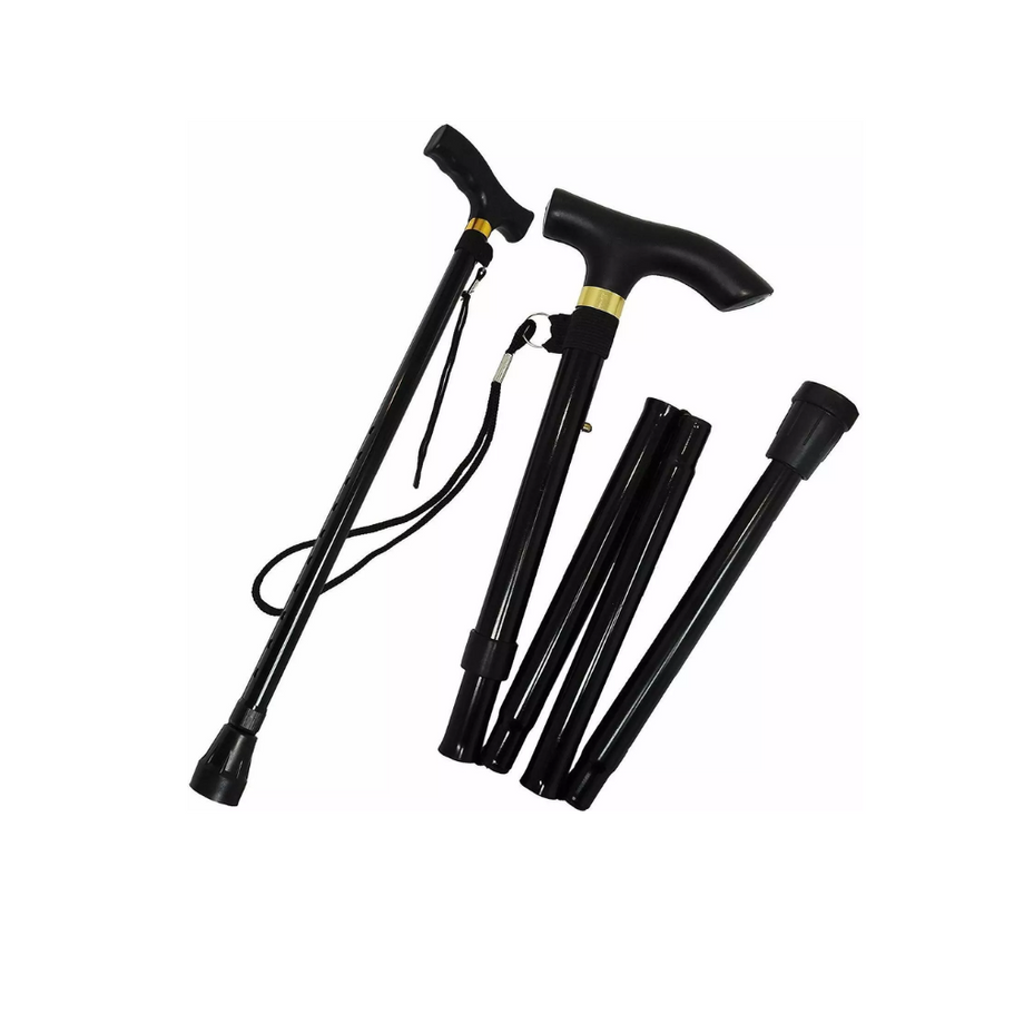 A close-up of the adjustable folding walking stick in its folded state, emphasizing its portability and the secure locking me