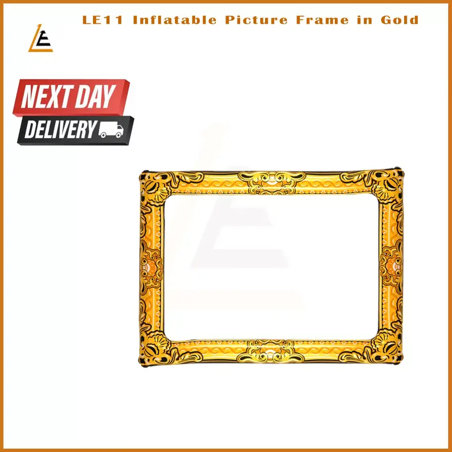 Close-up of the gold and pink inflatable photo frame, designed as a fun prop for a selfie booth at a hen party or event.