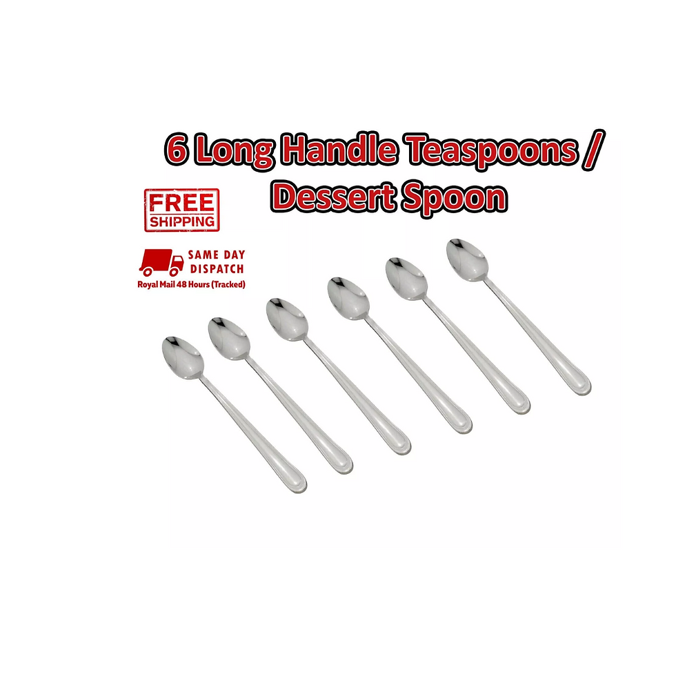 Set of 6 long handle teaspoons made of stainless steel, ideal for tea, coffee, latte, or ice cream.