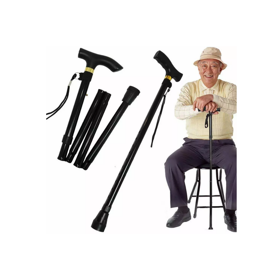 A full view of the walking adjustable folding stick, showing its compact design and lightweight frame. The handle is ergonomi