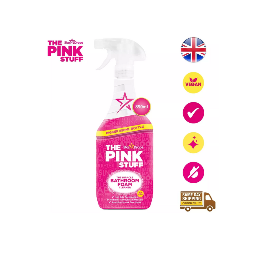 A close-up view of The Pink Stuff All Purpose Stain Remover Spray, featuring the 500ml bottle with bright pink packaging, des