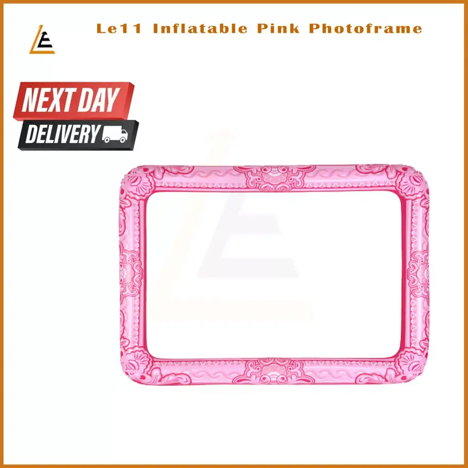 The gold and pink inflatable photo frame set up as a selfie booth prop, creating a fun and interactive experience at a hen pa