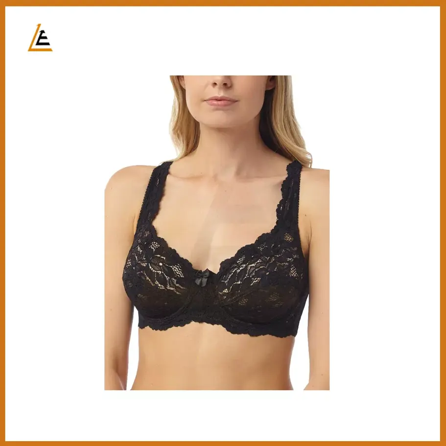 A woman wearing a white lace full cup underwired bra, offering a smooth fit and excellent support, ideal for everyday wear.