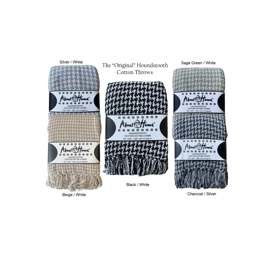 100% cotton throw blanket with a classic houndstooth design, measuring 228cm x 254cm, perfect for covering a 3-seater sofa.