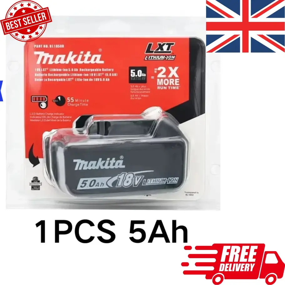 Genuine Makita 18V 5.0Ah BL1850B Li-ion Battery front view