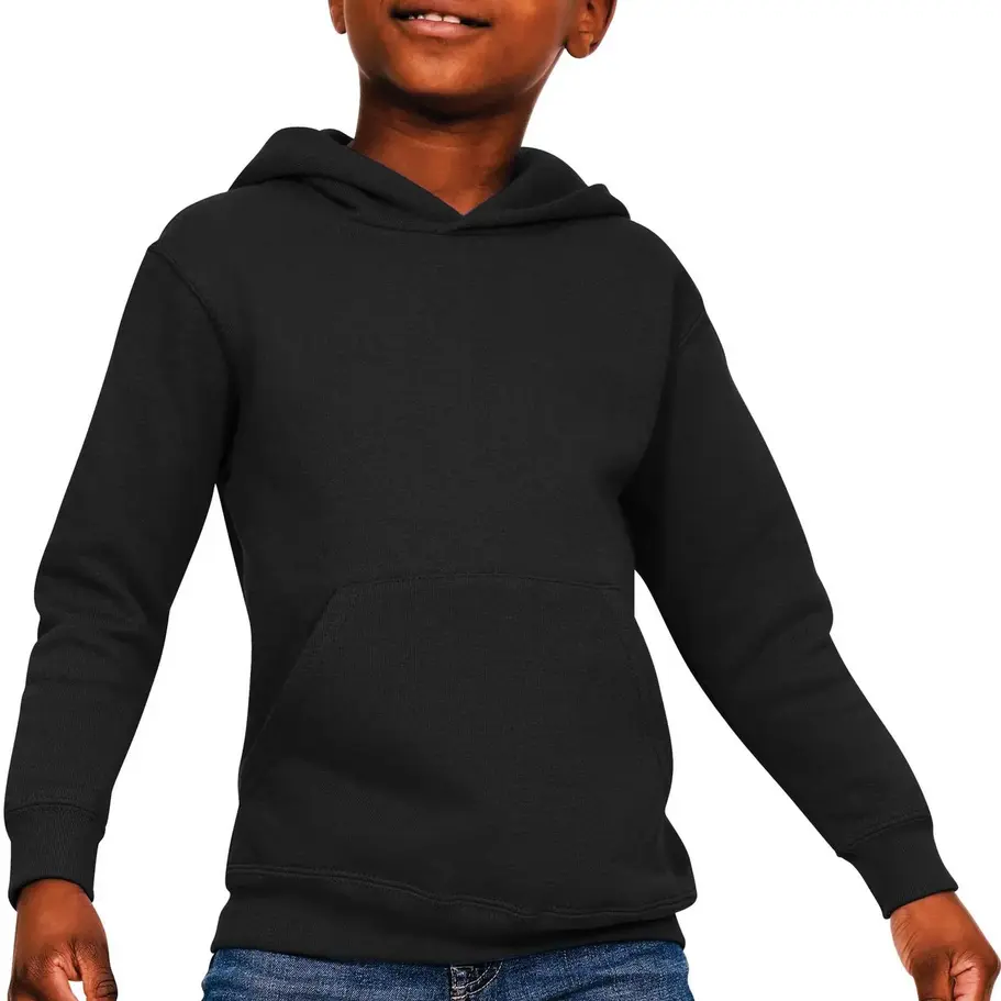 Front view of children's hoodie featuring a classic pullover design and kangaroo pocket.