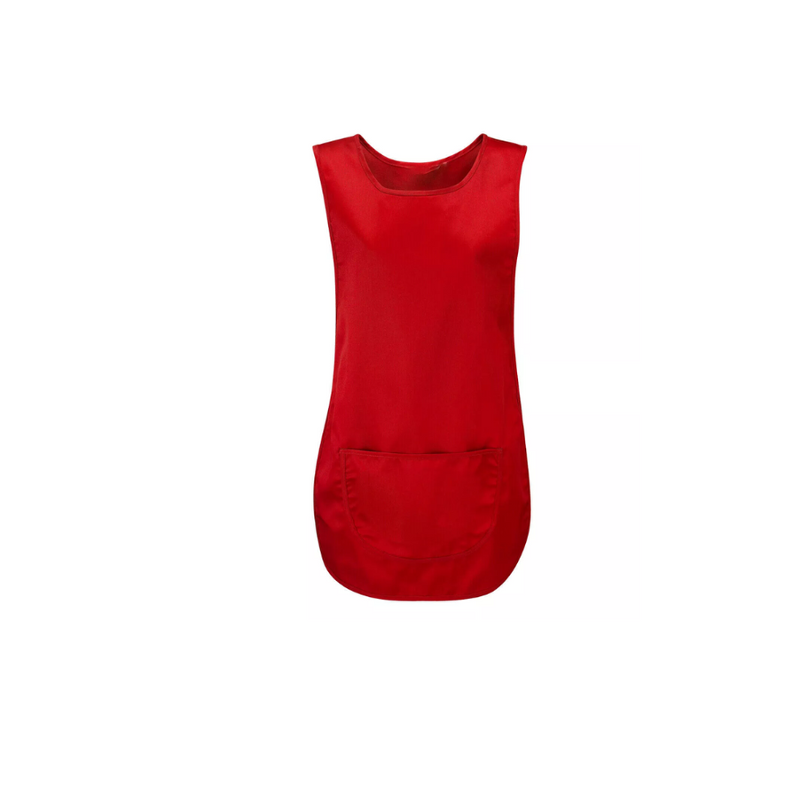 Practical and stylish tabard apron with front pockets, perfect for work uniforms in catering and cleaning.