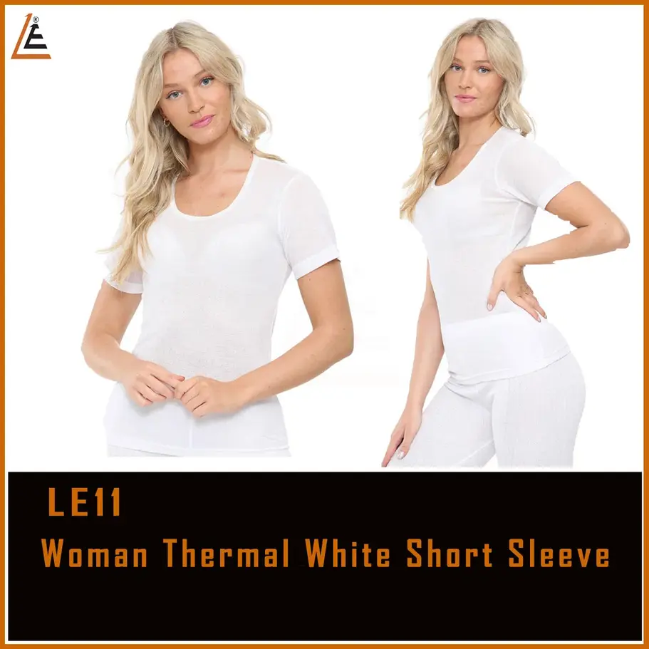 Close-up of women's thermal short sleeve top and bottom, showcasing the smooth, stretchy material that ensures a snug fit for