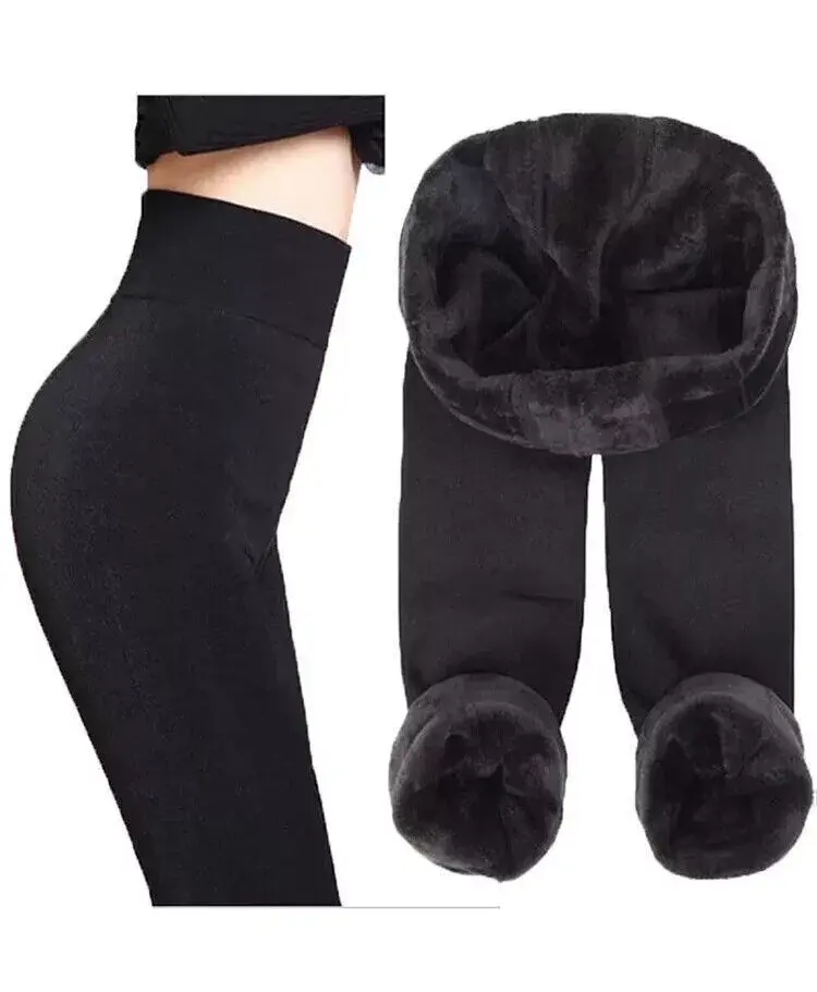 Black thermal leggings with fur lining, providing warmth and tummy control for ladies, available in S-XL.