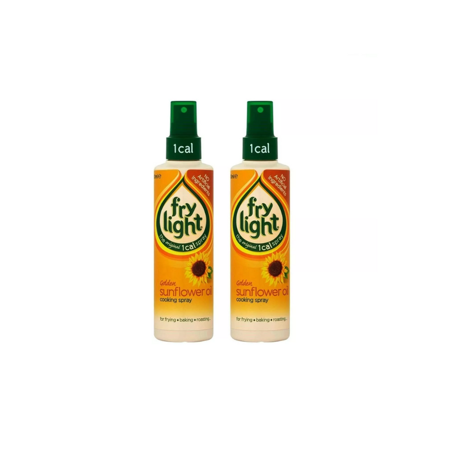 A close-up view of two Golden Sunflower Oil Frylight Cooking Spray cans, each 120ml, showcasing the packaging and highlightin