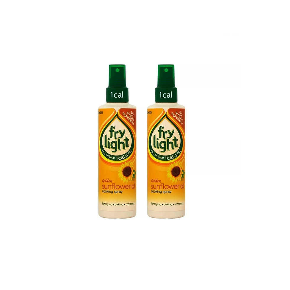 A close-up view of two Golden Sunflower Oil Frylight Cooking Spray cans, each 120ml, showcasing the packaging and highlightin