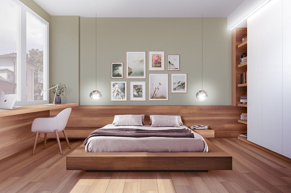 A neutral bedroom with brown and green accents