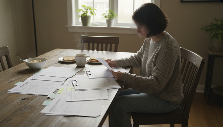 Wide-angle view of a person reviewing papers beside a cup of tea