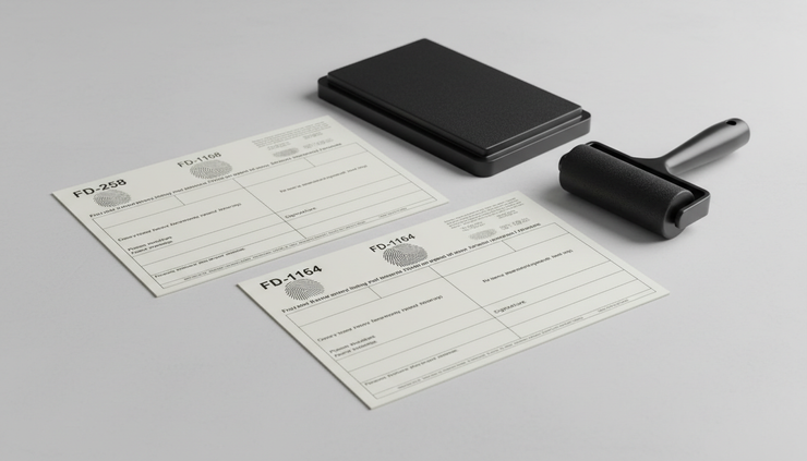 Close-up view of an ink fingerprinting card beside a black ink pad