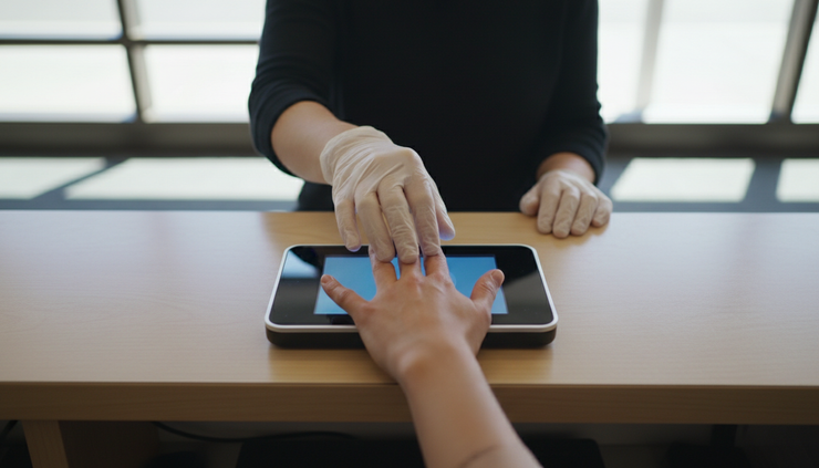 Overhead view of hands being guided on a fingerprint scanner
