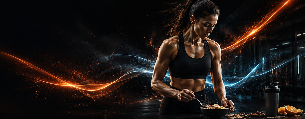 Fitness Food bei Body Shop XL mit sportlicher Frau, Bowl, Shaker und Lebensmitteln im Fitnessstudio