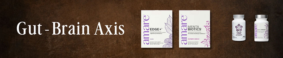 Gut-Brain Axis wellness section featuring Amare EDGE+, MentaBiotics, MentaSync and MentaFocus products on a warm brown textured background.