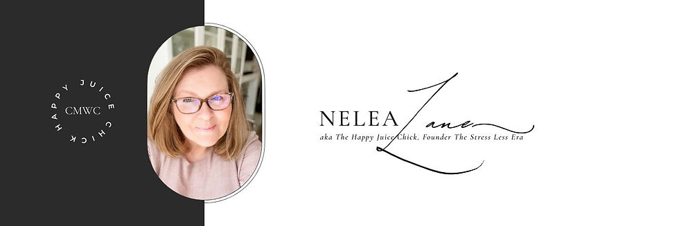 Woman with glasses smiling, wearing a pink top. Text reads: NELEA Lane, aka The Happy Juice Chick, Founder The Stress Less Era. Black and white background.