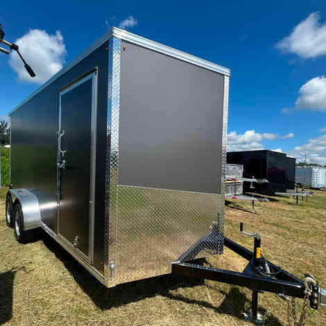 Built for professionals and serious trailer owners, this 2027 7x16 Canadian Made Enclosed Trailer combines premium construction with modern styling. Featuring a spoiler package with LED lighting, 7-foot interior height, tandem 3,500 lb axles and premium screwless poly siding, it's ready for work or recreation.