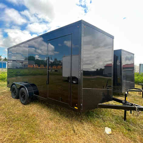 Stand out on the road with this 2027 7x16 Canadian Made Blackout Enclosed Trailer. Featuring a sleek blackout package, premium screwless poly siding, tandem 3,500 lb axles, LED lighting and durable Canadian-built construction, it's built for work, toys and everything in between.