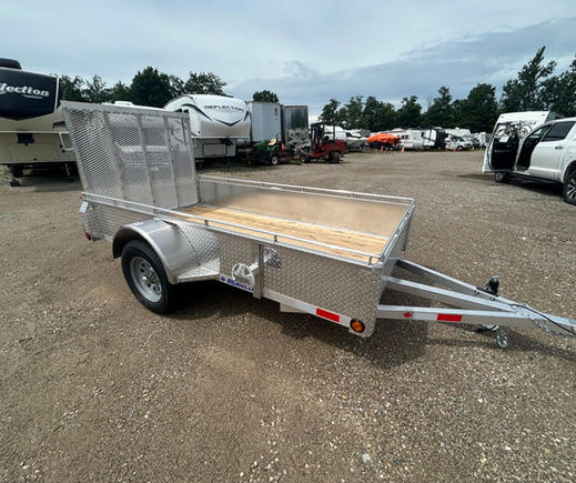 Passenger side view of 2027 5x10 Canadian Made Aluminum Utility Trailer with single axle 