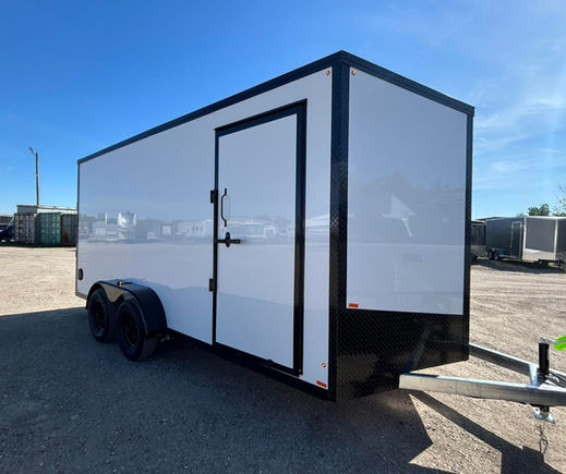 Front passenger side view of 2026 Canadian Made 7x16 V-nose Whiteout galvanized enclosed