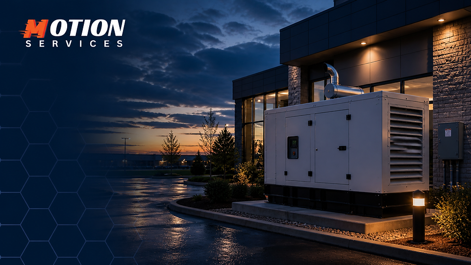 Commercial standby generator installed outside modern Ontario facility at dusk