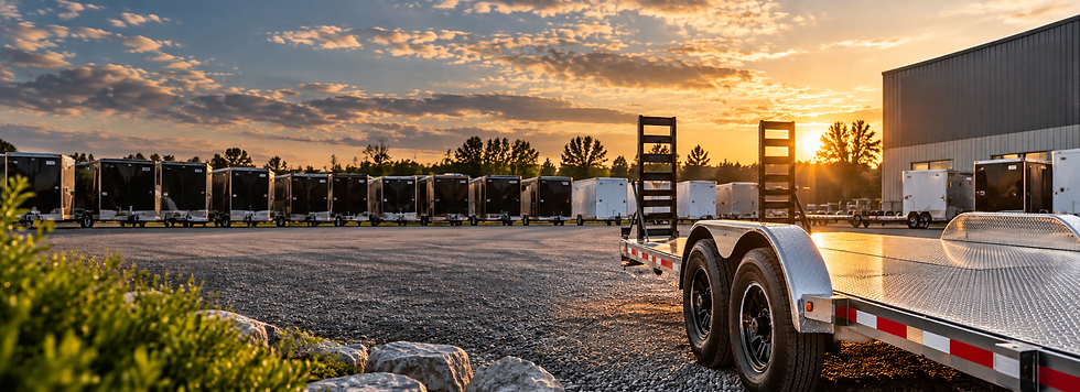 Car hauler trailer parked at a trailer dealership with loading ramps, tandem axles, and other trailers in the background at sunset.