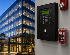Commercial office building and fire alarm control panel representing fire alarm installation and maintenance services for office buildings and commercial properties.