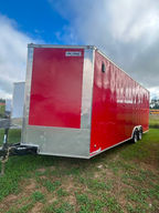 2023 refurbished 102 in x 22 ft enclosed trailer with 7 ft interior height, ramp door, painted frame, 3,500 lb axles, E-track, brand new tires, power jack with solar panel, 3/4 floor, and spare tire. Service has been completed and the trailer is ready for the road.