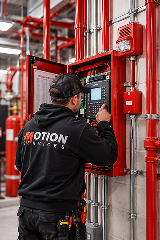 Motion Services technician inspecting a fire alarm control panel in a commercial building.
