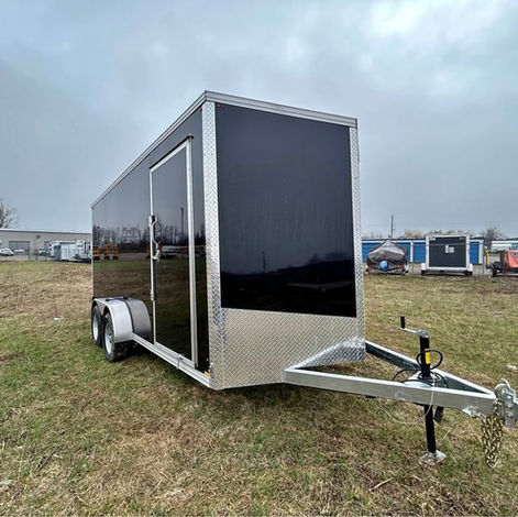 7x16 galvanized enclosed trailer with ramp door, 7K GVWR, and corrosion-resistant construction.