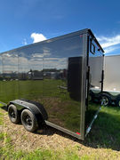 2027 90 in x 14 ft Canadian-made galvanized V-nose enclosed trailer with full tubular construction, 3,500 lb axles with brakes, ramp door, side door, mag wheels and one-piece aluminum roof. Features an 83.5 in interior height and 86 in interior width. $14,500.