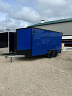 This 7x16 enclosed trailer features a bold midnight blue finish with blackout trim, built for durability and everyday hauling. Designed with a V-nose for improved towing and storage efficiency, this unit is ideal for contractors, small businesses, and recreational use.
