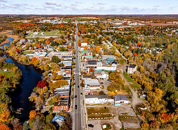 Aerial view of Erin Ontario showing residential homes and main road