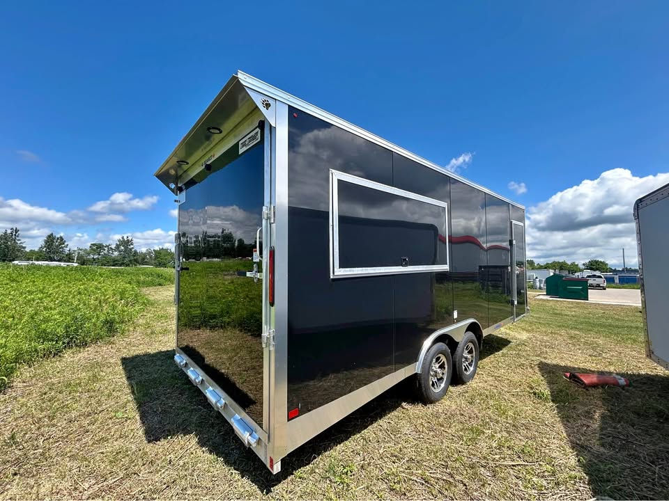 Front driver side view of 2027 Canadian Made 8.5x20 aluminum event restaurant trailer