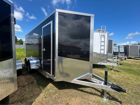 2026 Canadian Made 7x16 fully aluminum enclosed trailer with aluminum floor, dual 3,500 lb axles, aluminum beavertail, 7 ft interior height, polycore siding, and heavy-duty construction. In stock now at Team Trailers in Fergus, Ontario.