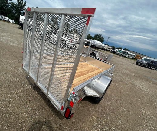 Rear view of 2027 5x10 Canadian Made Aluminum Utility Trailer featuring full mesh loading 