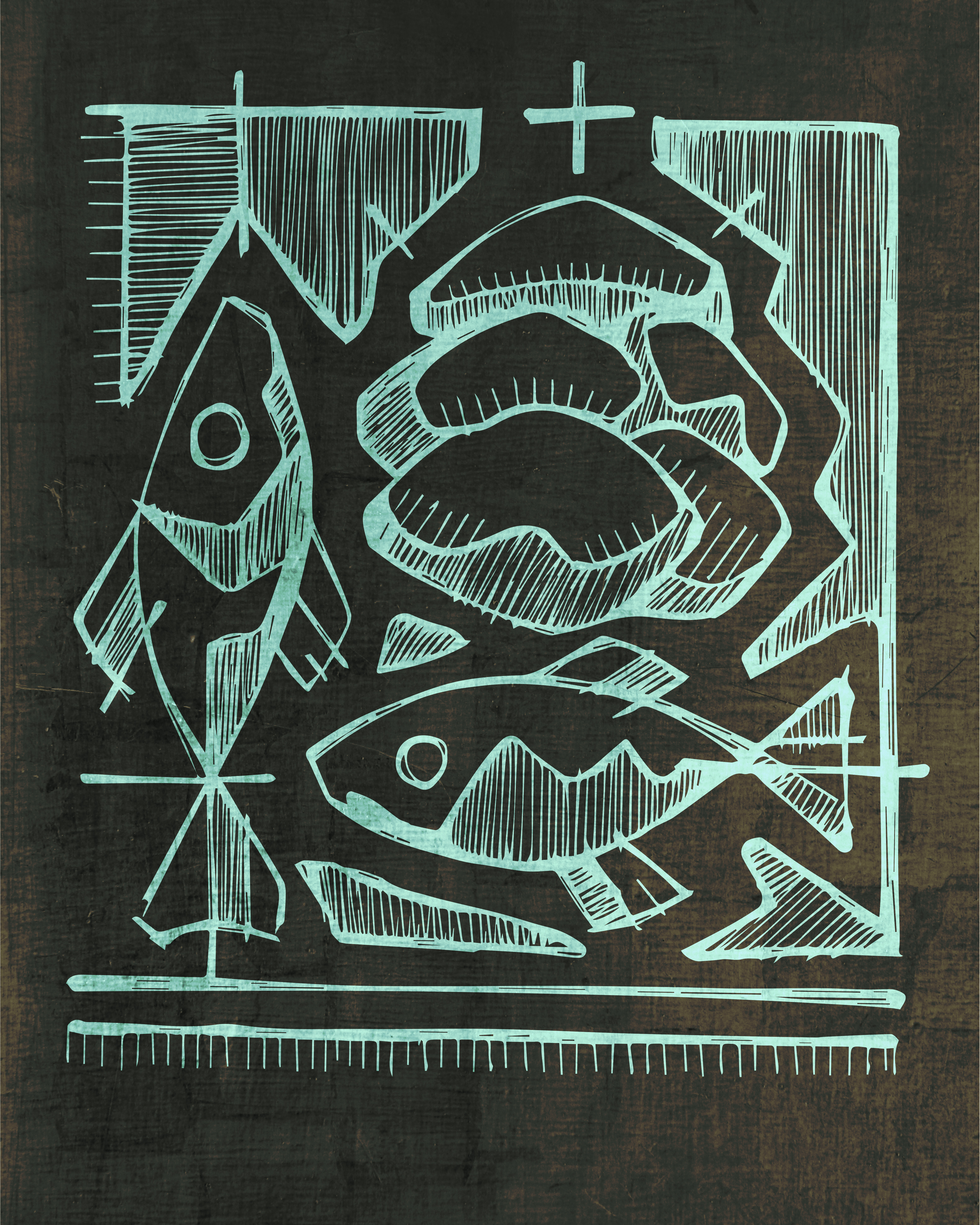 Cinco panes y dos peces dibujo / Five breads and two fish drawing